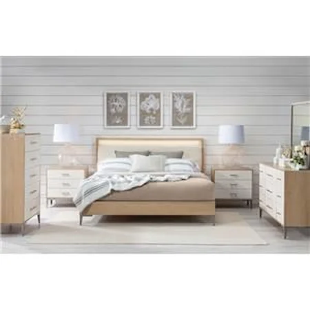 Queen Upholstered Bed, Dresser, Mirror, & Nightstand